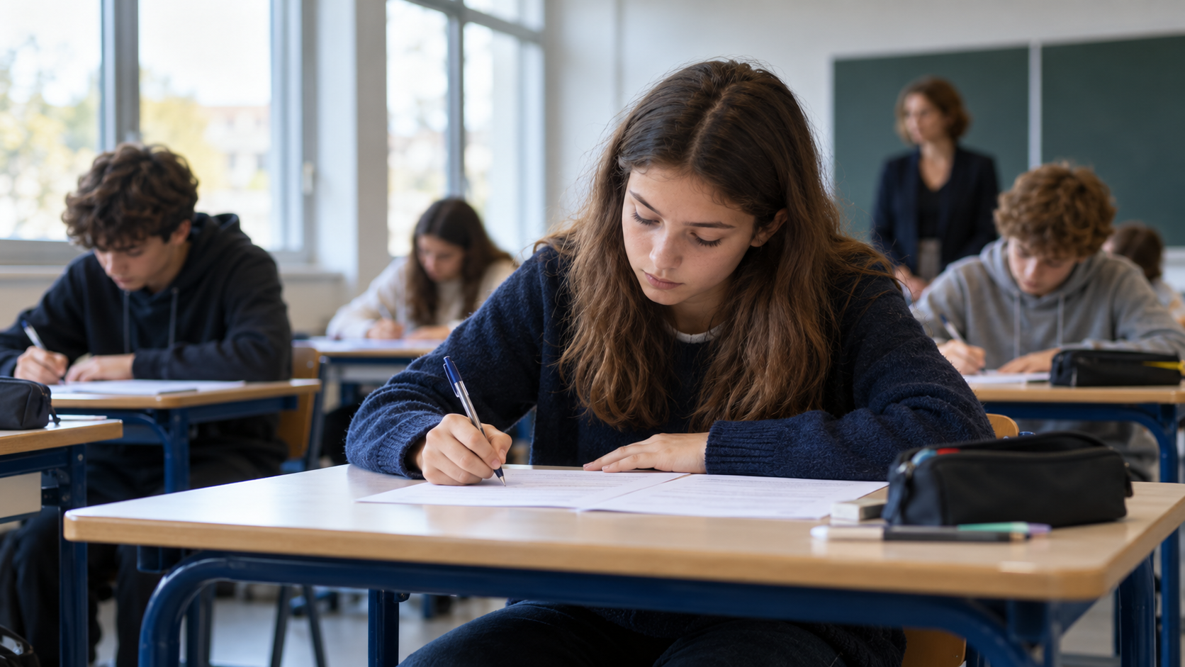 Des élèves de troisième composent lors d’une épreuve écrite en classe
