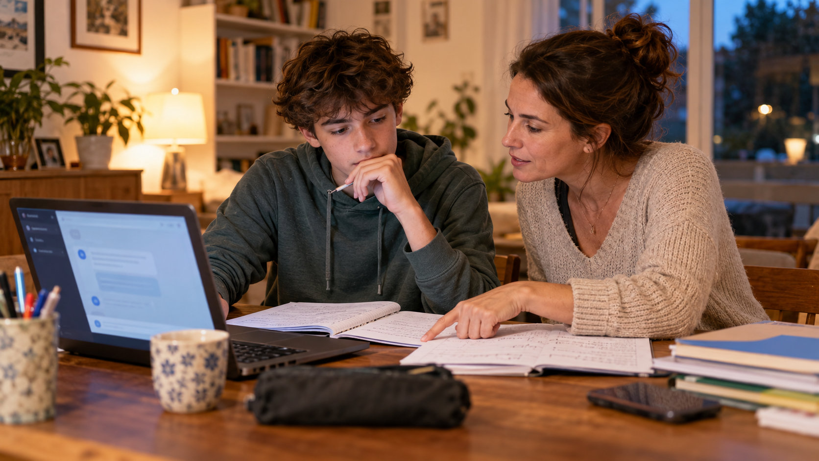 Une mère aide son adolescent à vérifier un devoir réalisé avec un chatbot d’intelligence artificielle