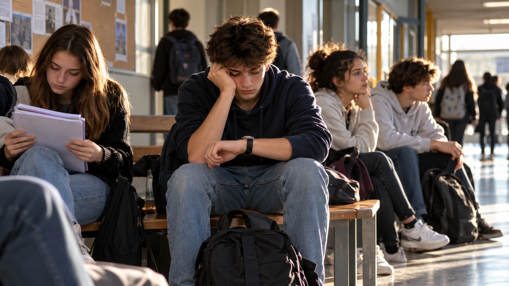 Des lycéens attendent dans un couloir au cours d’une longue journée scolaire