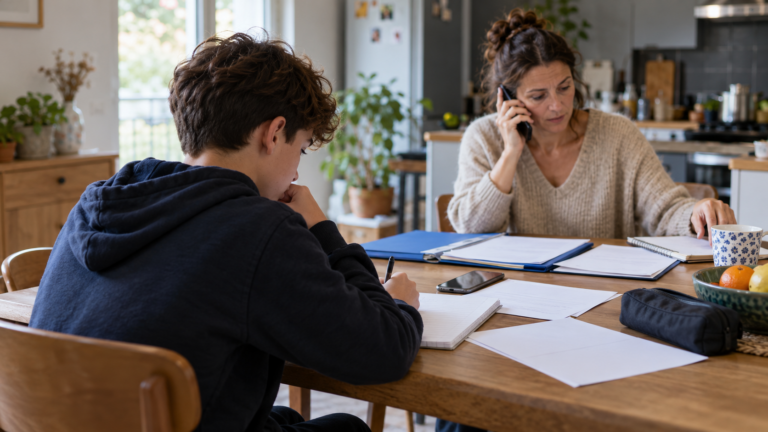 Un collégien prépare sa recherche de stage avec l’aide de sa mère