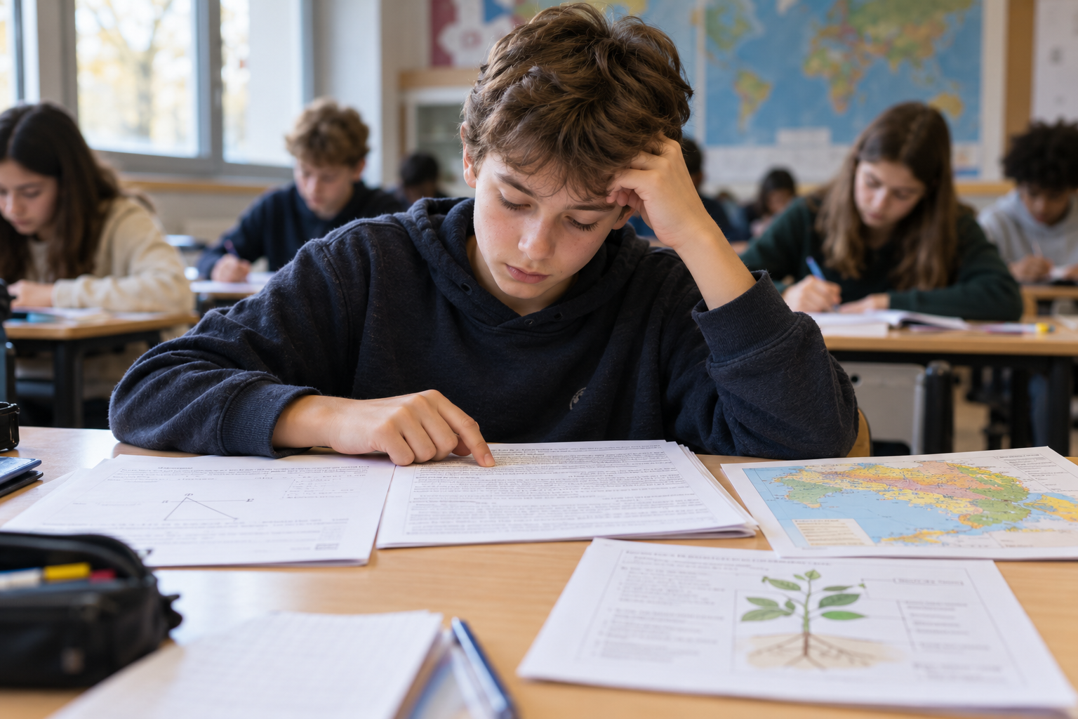 Un collégien confronté à différents documents scolaires suit attentivement un texte avec son doigt